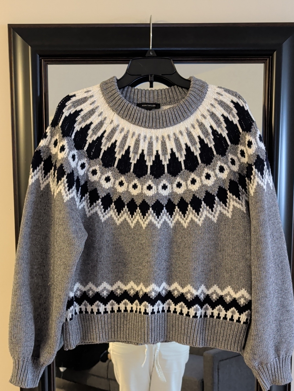 Ann Taylor Gray & Black Fair Isle Crewneck Sweater